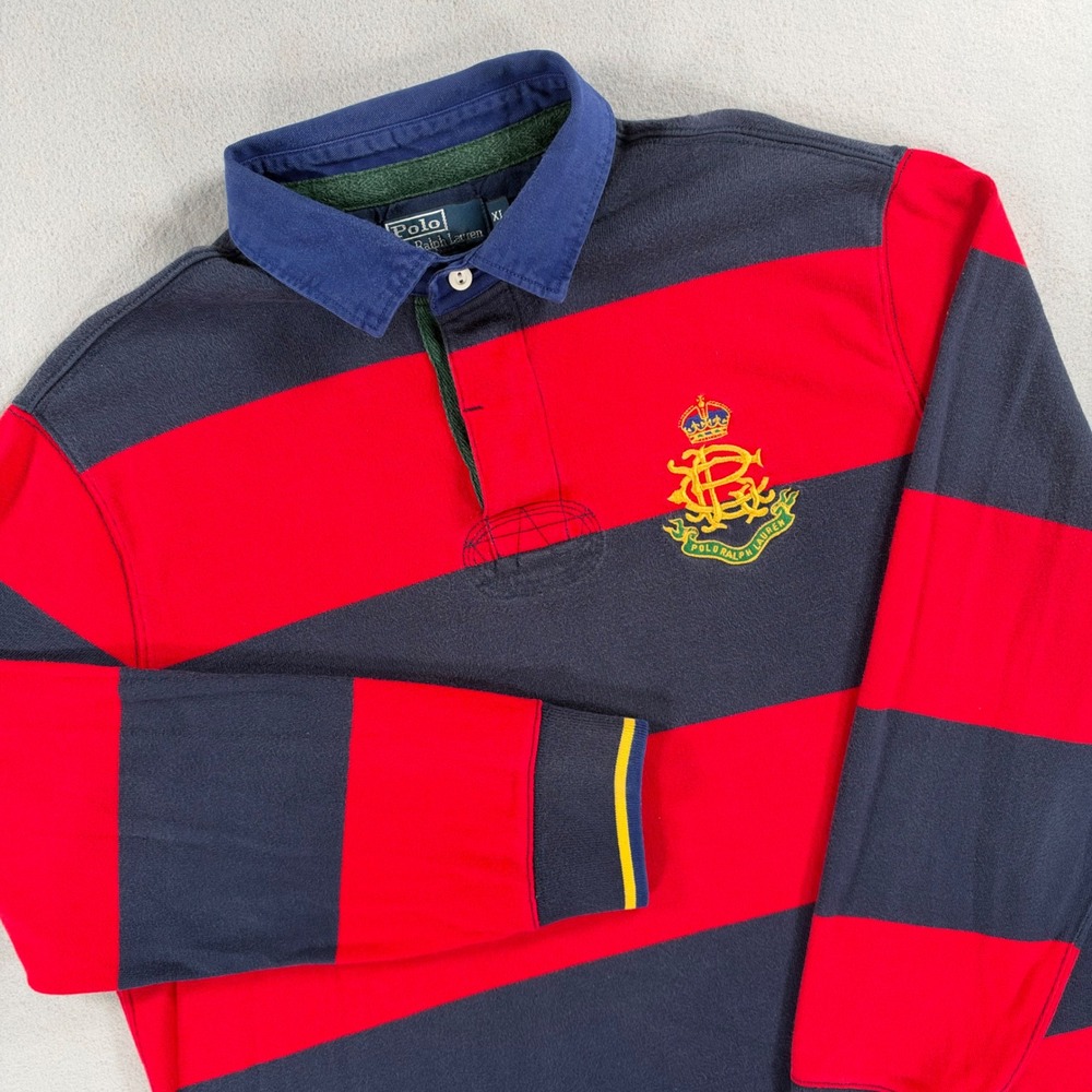 Vintage Polo Ralph Lauren Crest Striped Rugby Shirt XL Embroidered Logo